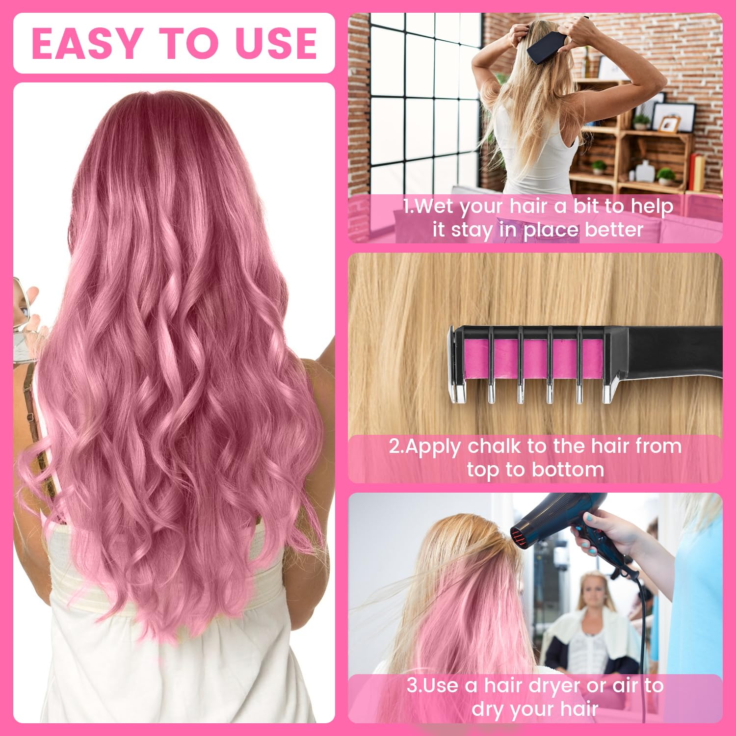 Pipirich Hair Chalk on dark hair shows step-by-step color layering and setting for vivid looks.