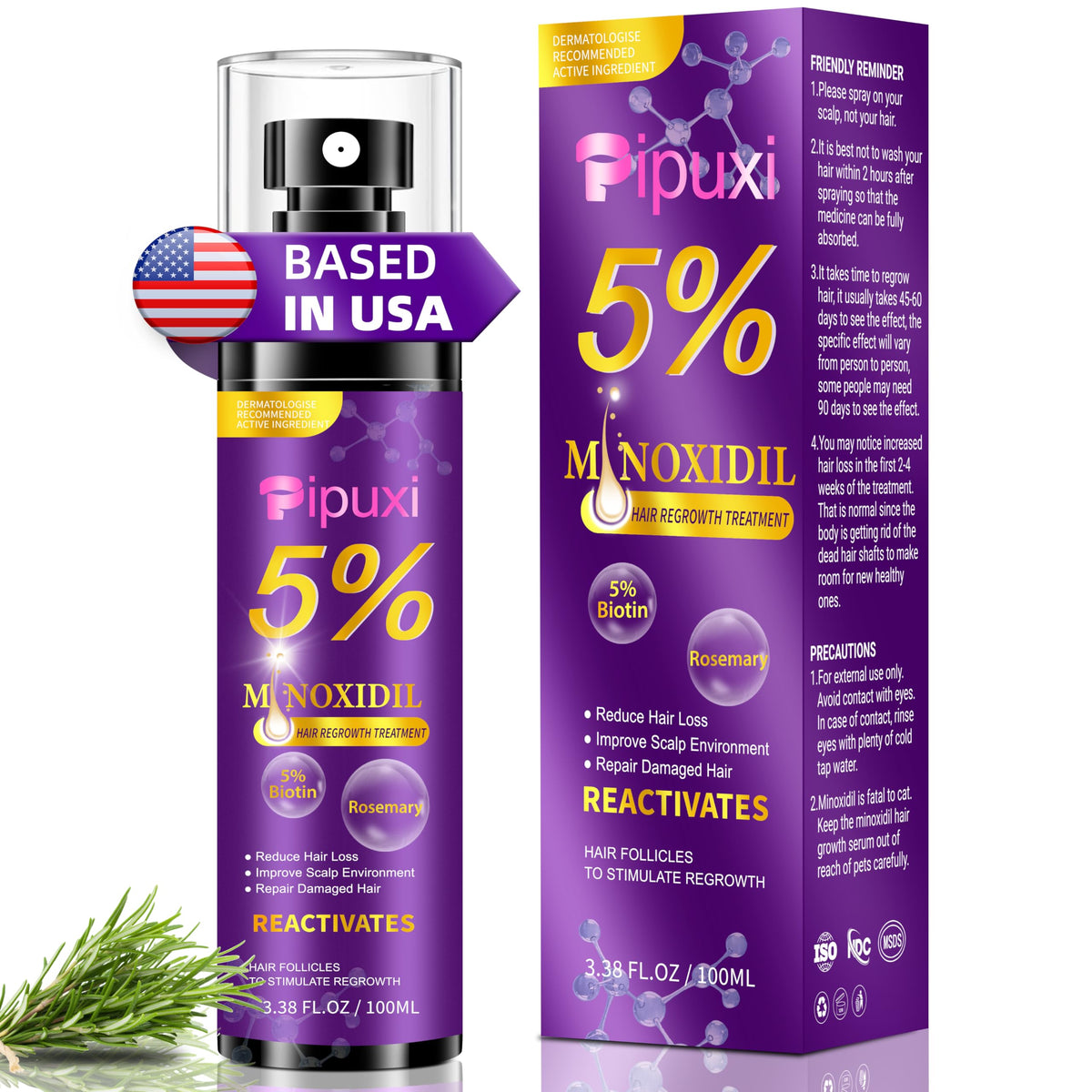 Pipuxi 5% Minoxidil spray bottle ready for scalp application to support fullness.