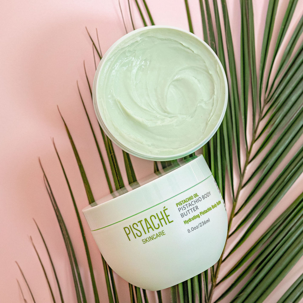Pistaché Skincare antioxidant-rich pistachio oil bottle highlights vitamin E protection and nourishment.