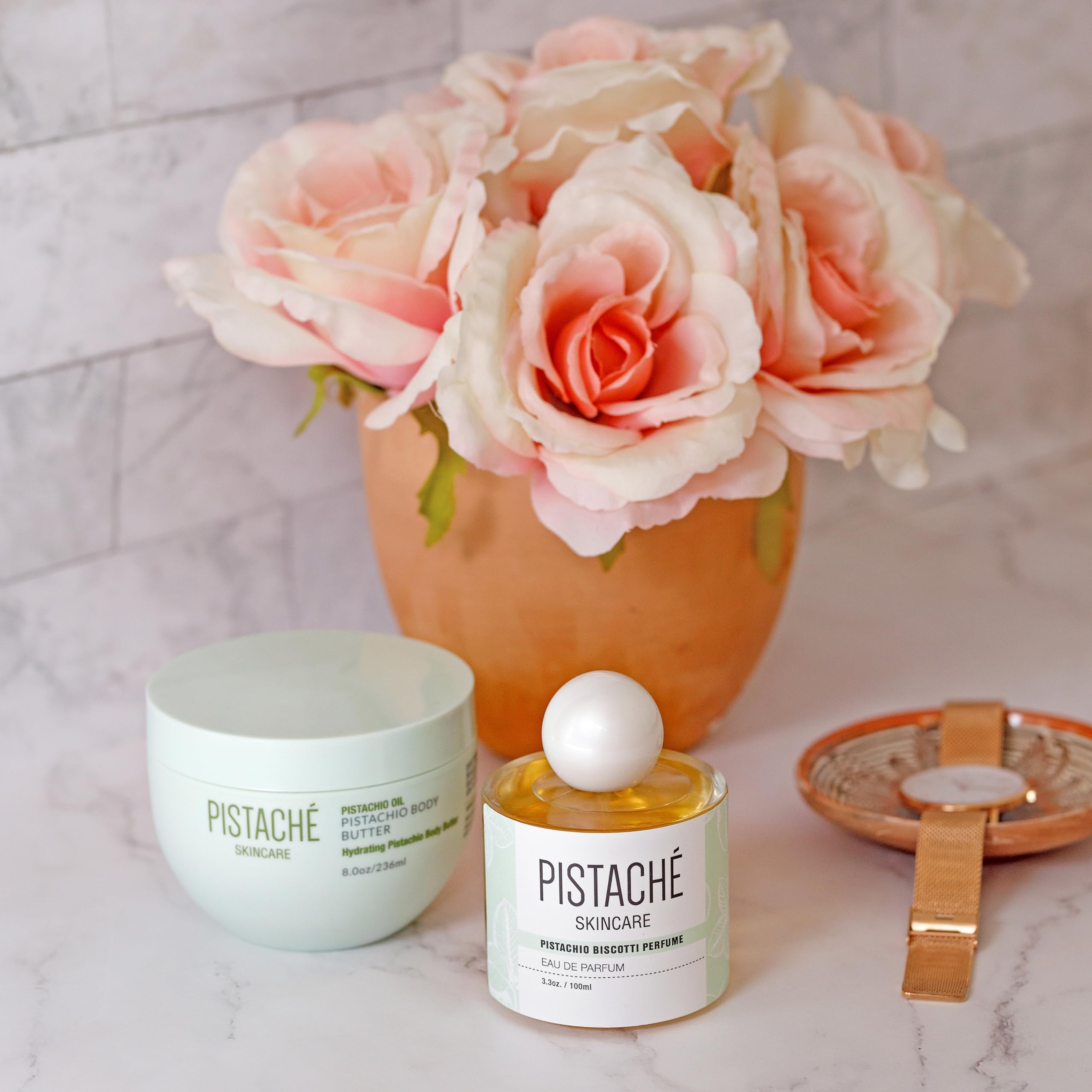 Pistache Skincare Pistachio Biscotti Perfume cap close-up, luxurious gift-worthy packaging.