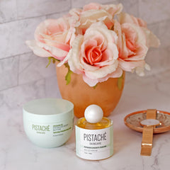 Pistache Skincare Pistachio Biscotti Perfume cap close-up, luxurious gift-worthy packaging.