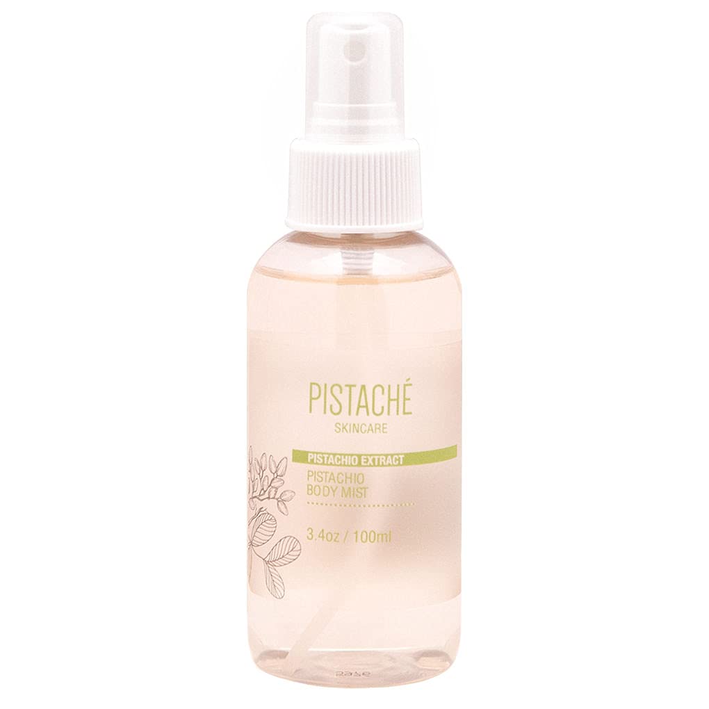 Pistache Skincare pistachio oil body mist bottle shows travel-friendly 3.4 oz size for daily refreshment