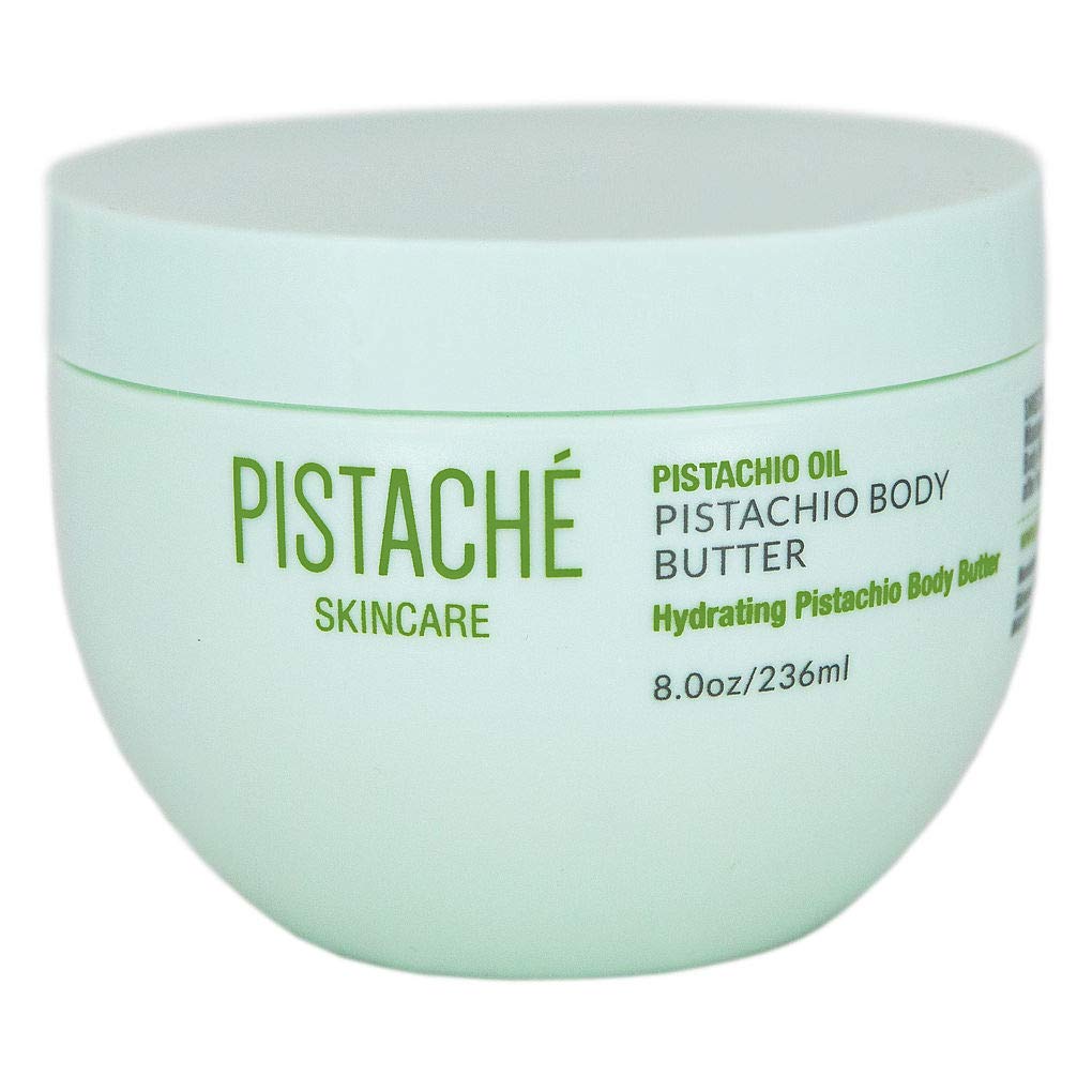 Pistaché Skincare Pistachio Oil Whipped Body Butter jar close-up demonstrates deep hydration potential.