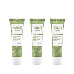 Pistaché Skincare Pistachio Oil Whipped Body Butter Trio pack delivers deep hydration for dry skin.