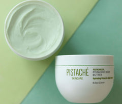 Pistaché Skincare whipped-butter texture close-up shows creamy, lightweight absorption for all skin types.