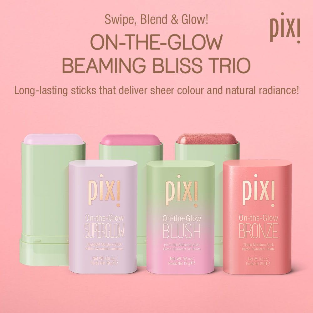 Pixi Beaming Bliss CheekTone application shows pH-reactive blush tint on cheeks.