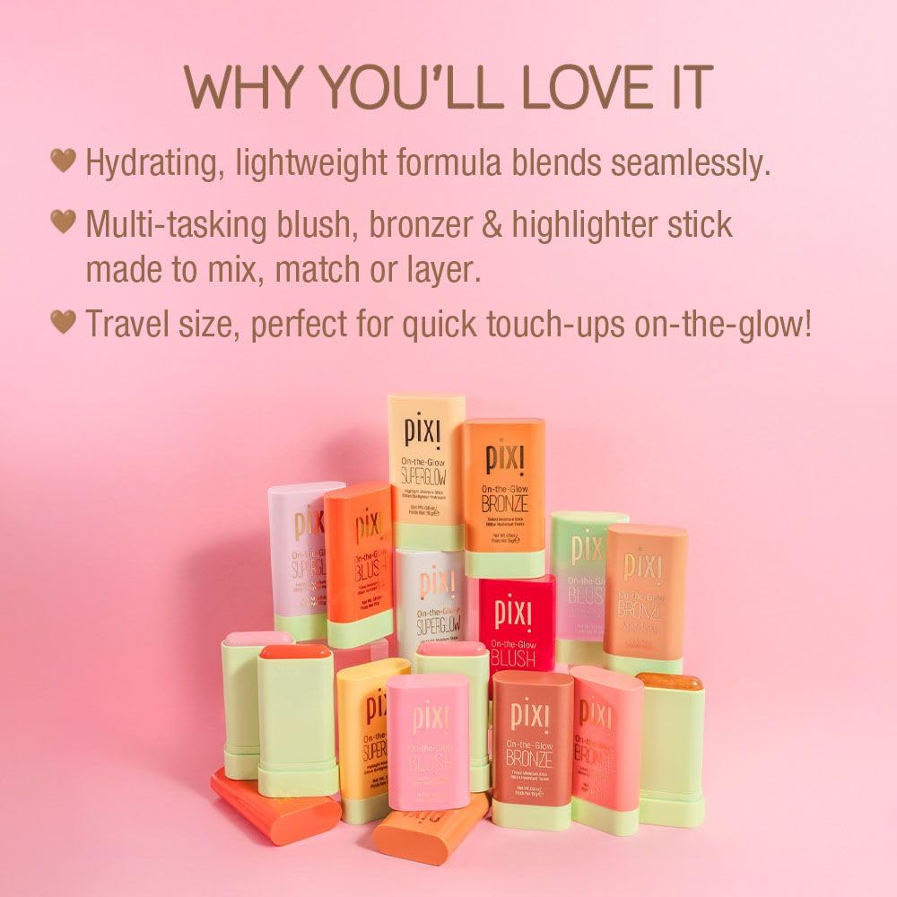 Pixi Beaming Bliss WarmGlow bronzer swatch highlighting soft peach radiance.