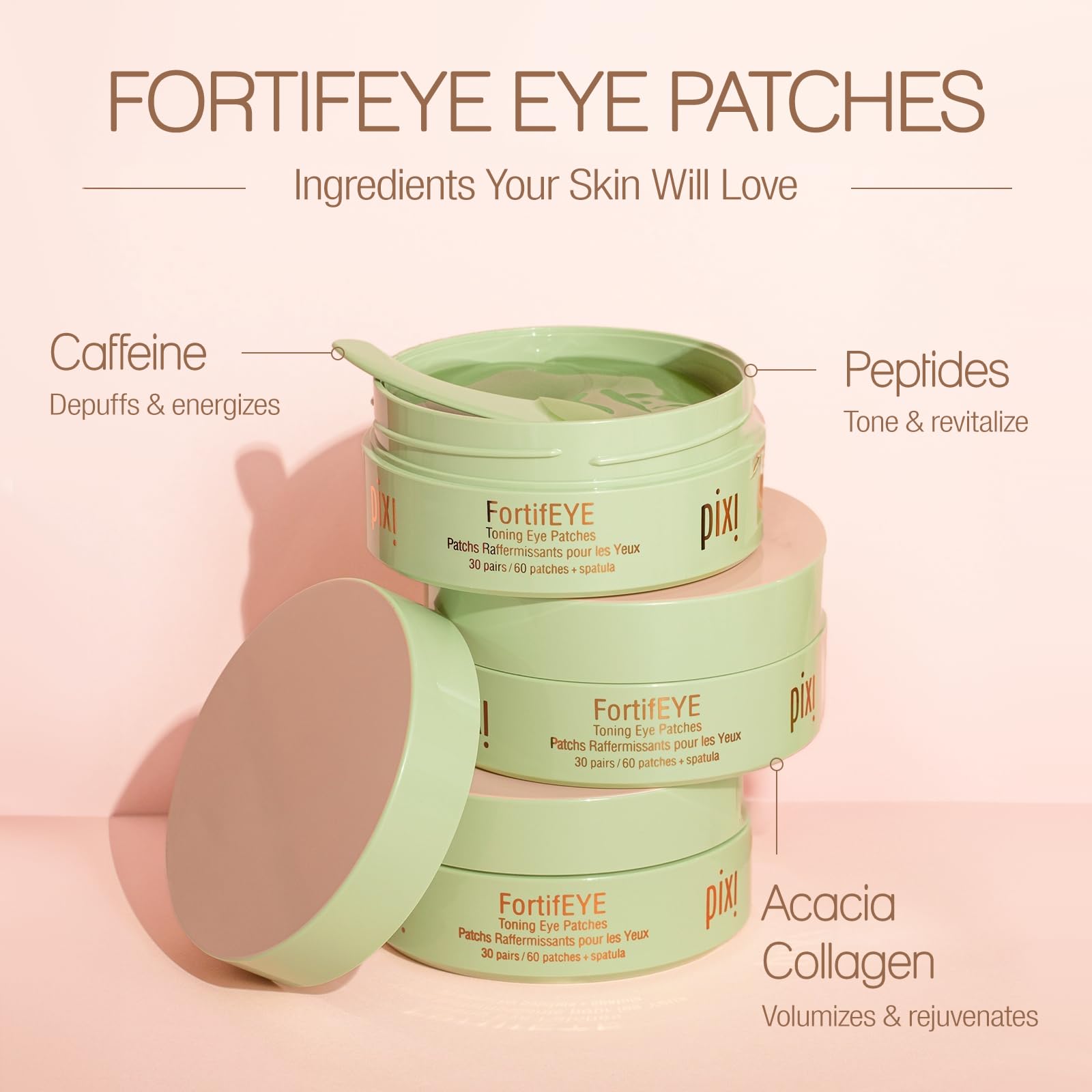 Pixi FortifEYE caffeine depuffs the under-eye area for refreshed appearance.