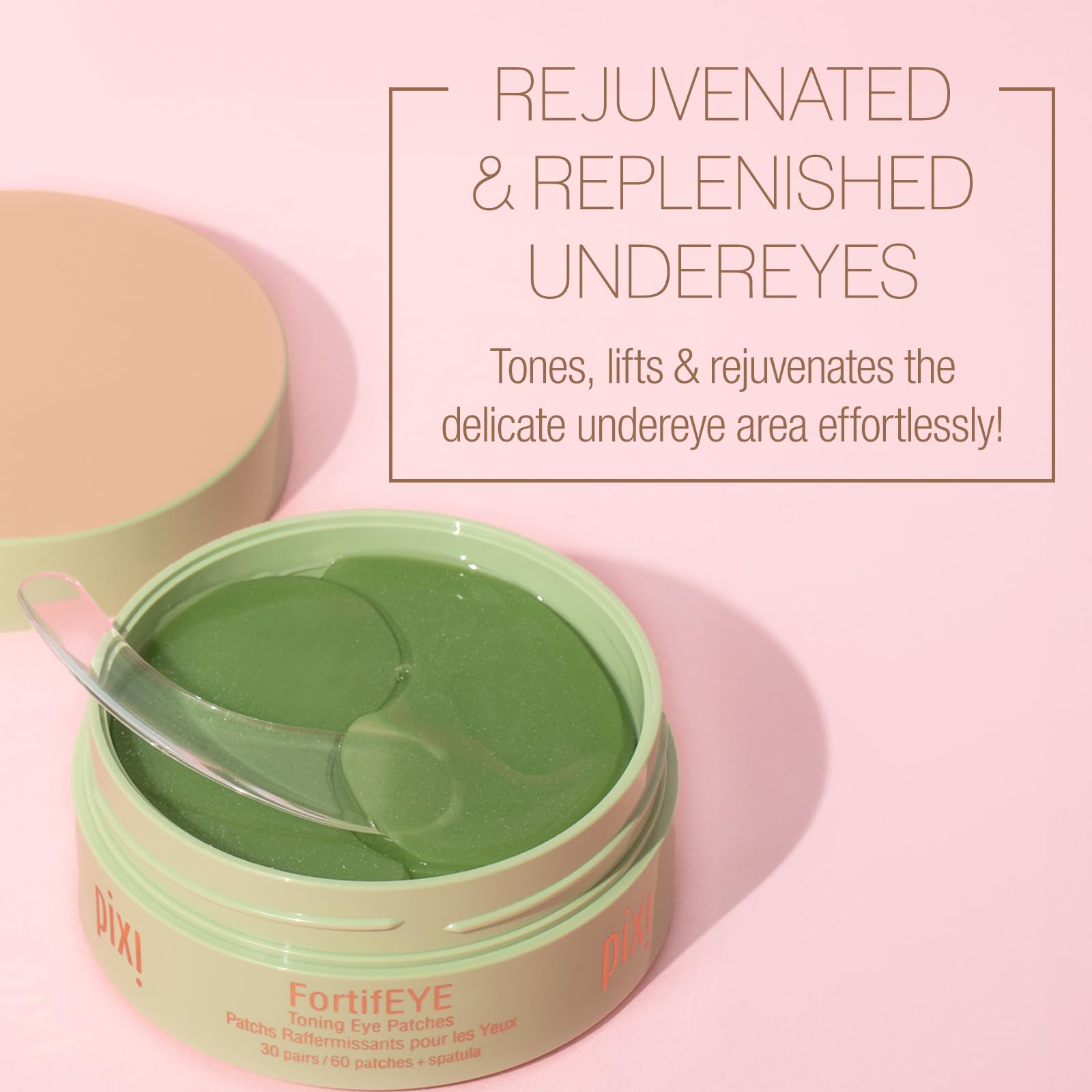 Pixi FortifEYE patch applied to under-eye area shows soothing depuffing.