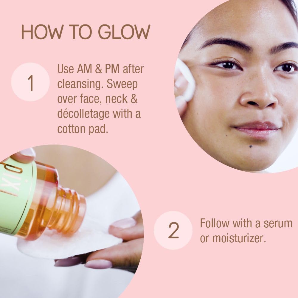 Pixi Glow Tonic AM PM usage illustration emphasizes versatile routine.