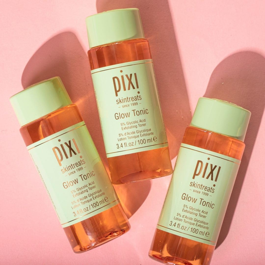 Pixi Glow Tonic cruelty-free and paraben-free logos in clean packaging.