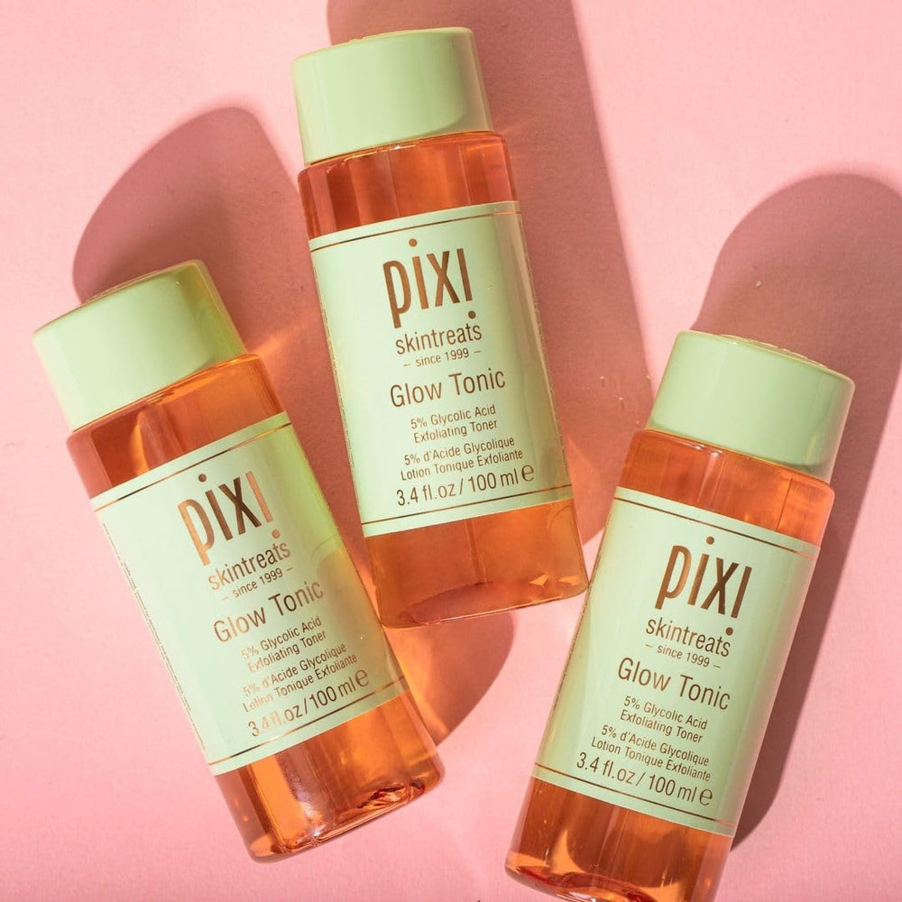 Pixi Glow Tonic cruelty-free and paraben-free logos in clean packaging.