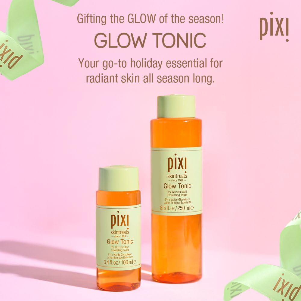 Pixi Glow Tonic label closeup highlighting 5% glycolic acid for exfoliation.