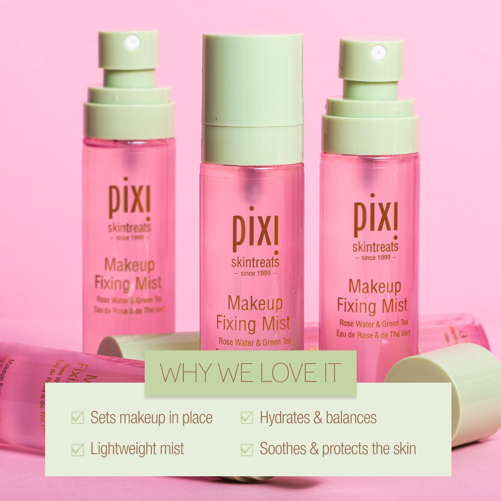 Pixi makeup fixing mist delivering dewy finish on the complexion