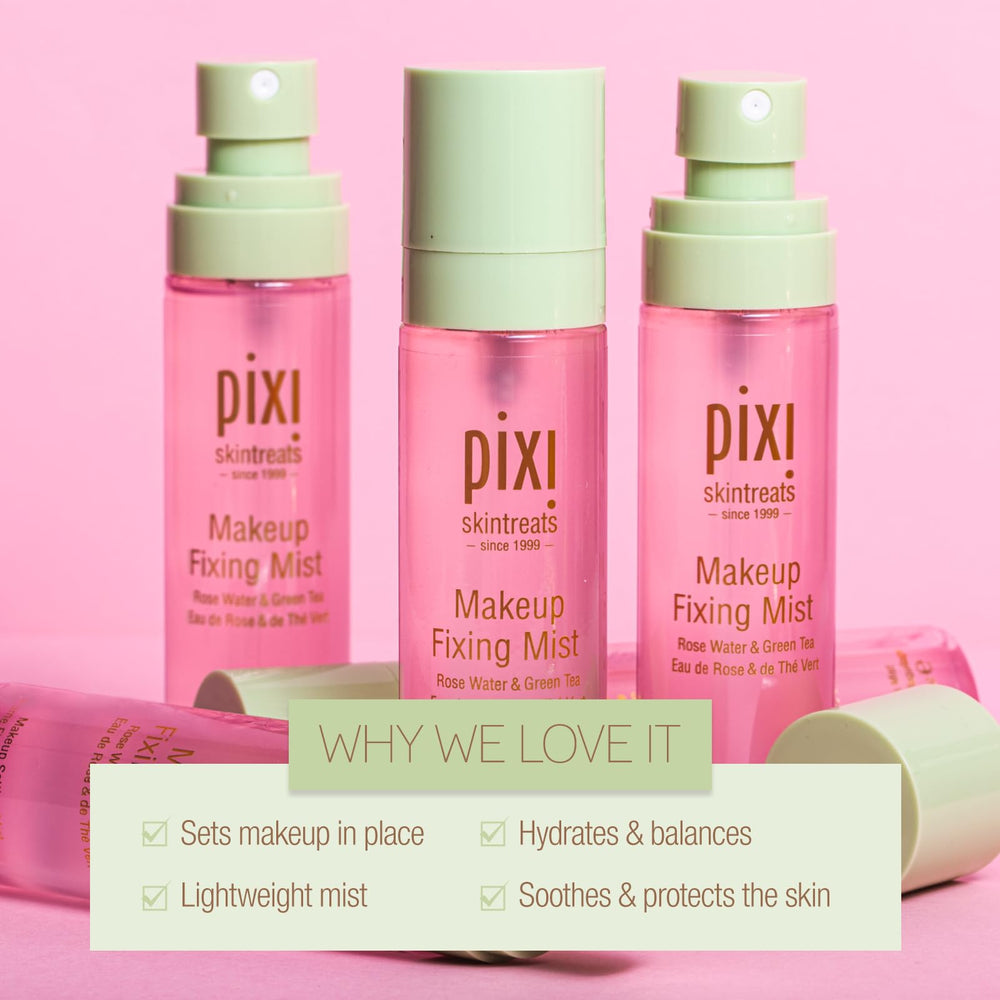Pixi makeup fixing mist delivering dewy finish on the complexion
