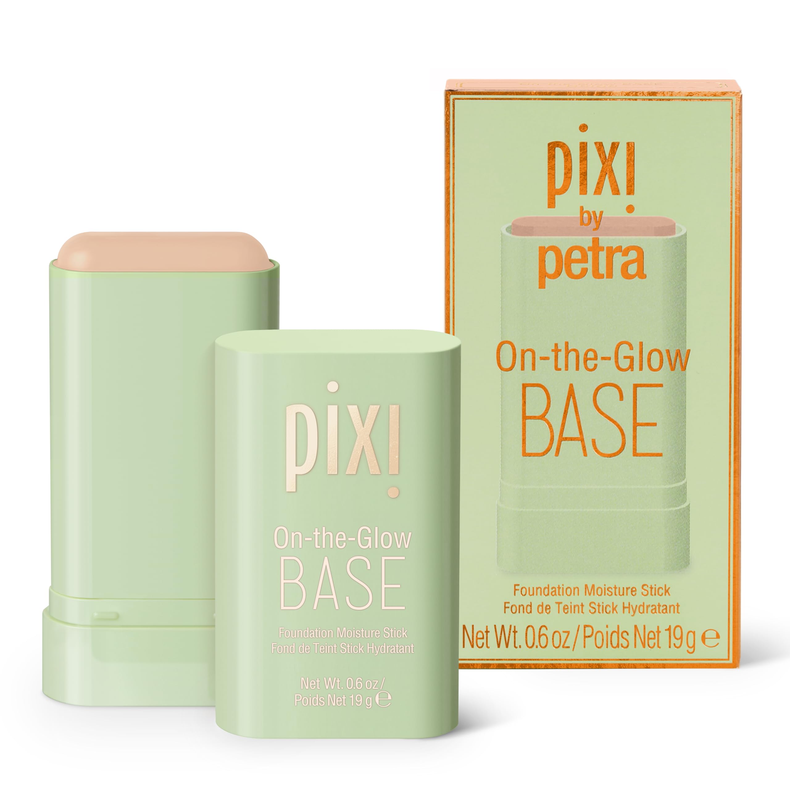 Pixi On-the-Glow Base bottle showing portable hydration for on-the-go wear.