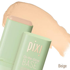 Pixi On-the-Glow Base beige-medium swatches display natural tone and balance.
