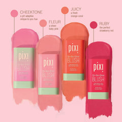 Pixi On-the-Glow Blush Ruby applied to lips for tint and moisture.