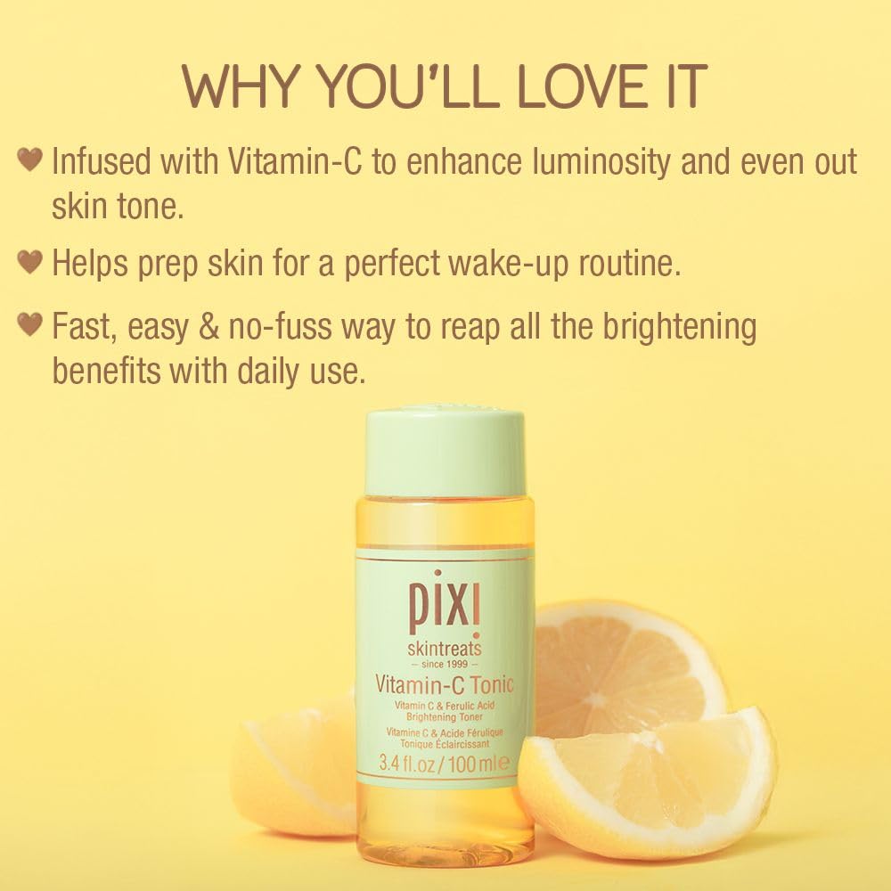 Pixi Vitamin-C Tonic bottle on display emphasizing alcohol-free, gentler toning.