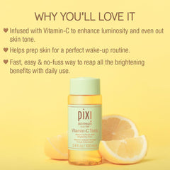 Pixi Vitamin-C Tonic bottle on display emphasizing alcohol-free, gentler toning.