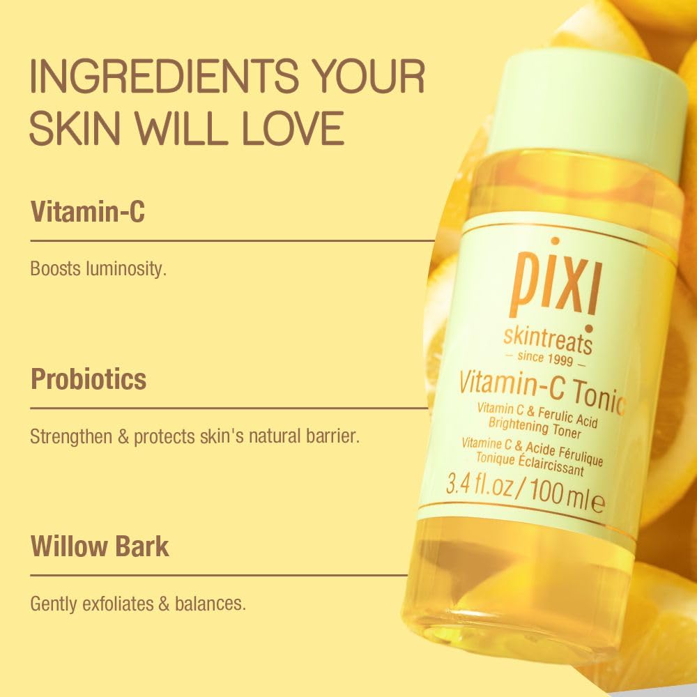 Pixi Vitamin-C Tonic bottle showcases aloe imagery for soothing hydration.