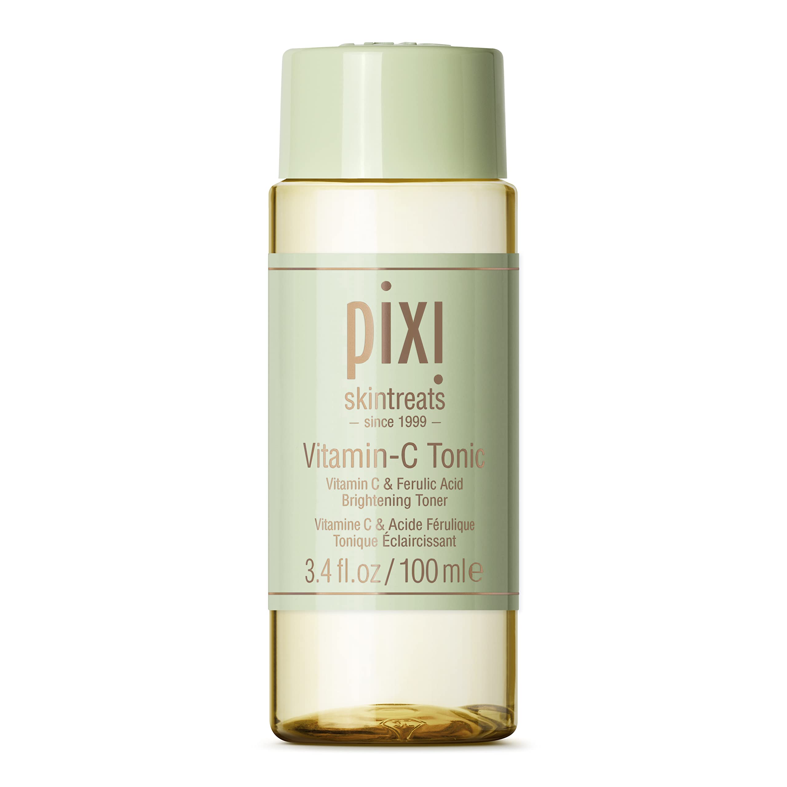Pixi Vitamin-C Tonic bottle close-up highlights brightening formula for radiant skin.