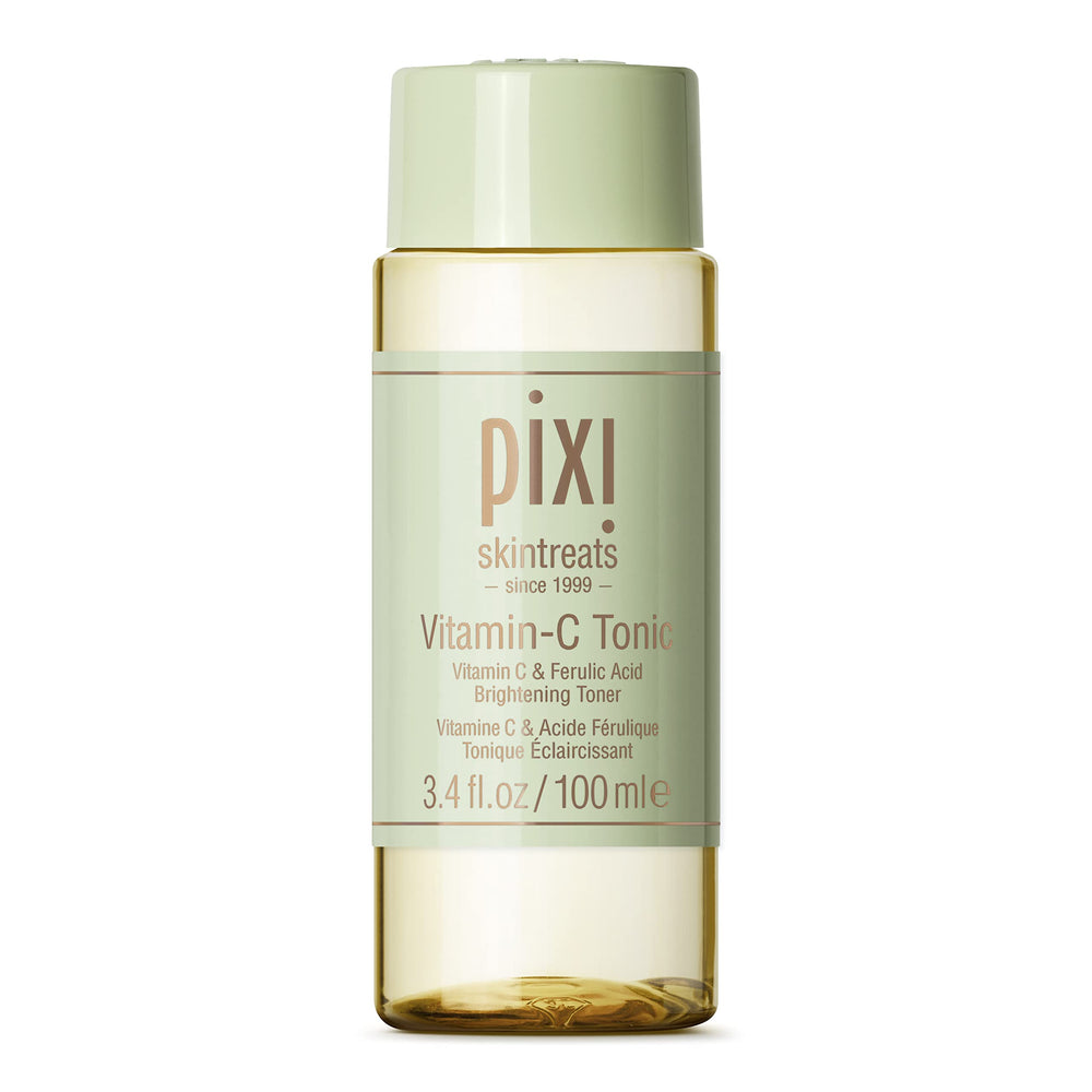 Pixi Vitamin-C Tonic bottle close-up highlights brightening formula for radiant skin.