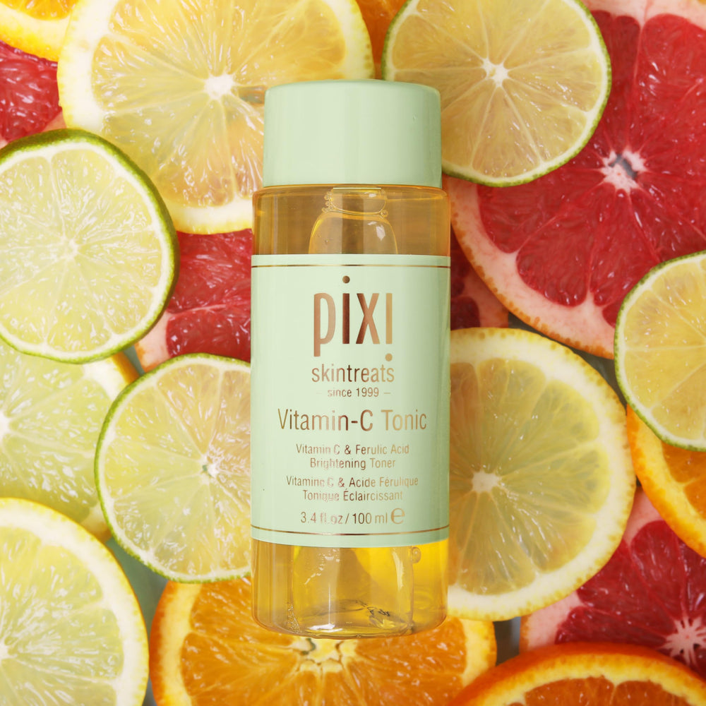 Pixi Vitamin-C Tonic bottle highlights vitamin C and ferulic acid pairing.