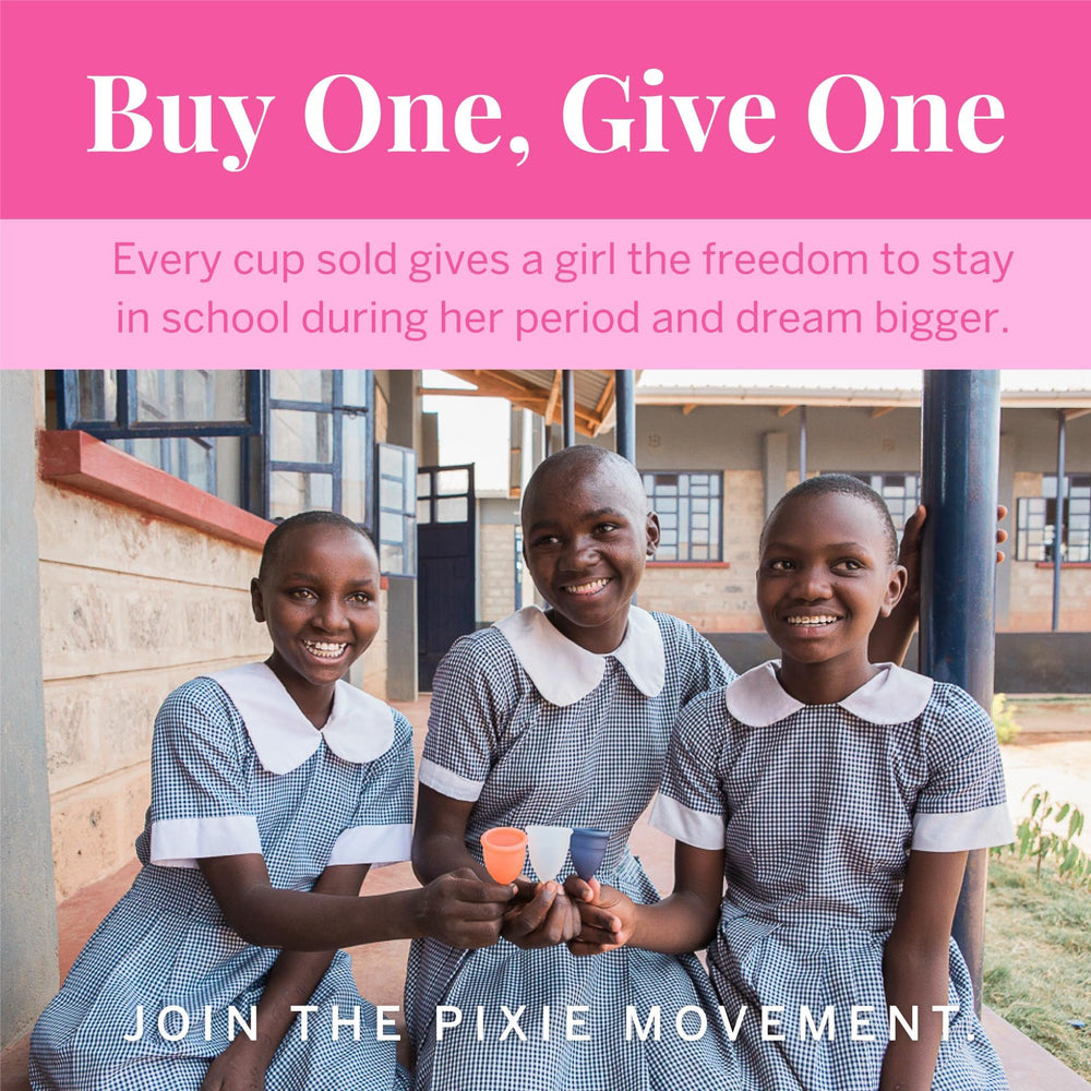 Pixie Cup donation program banner shows one-for-one impact.