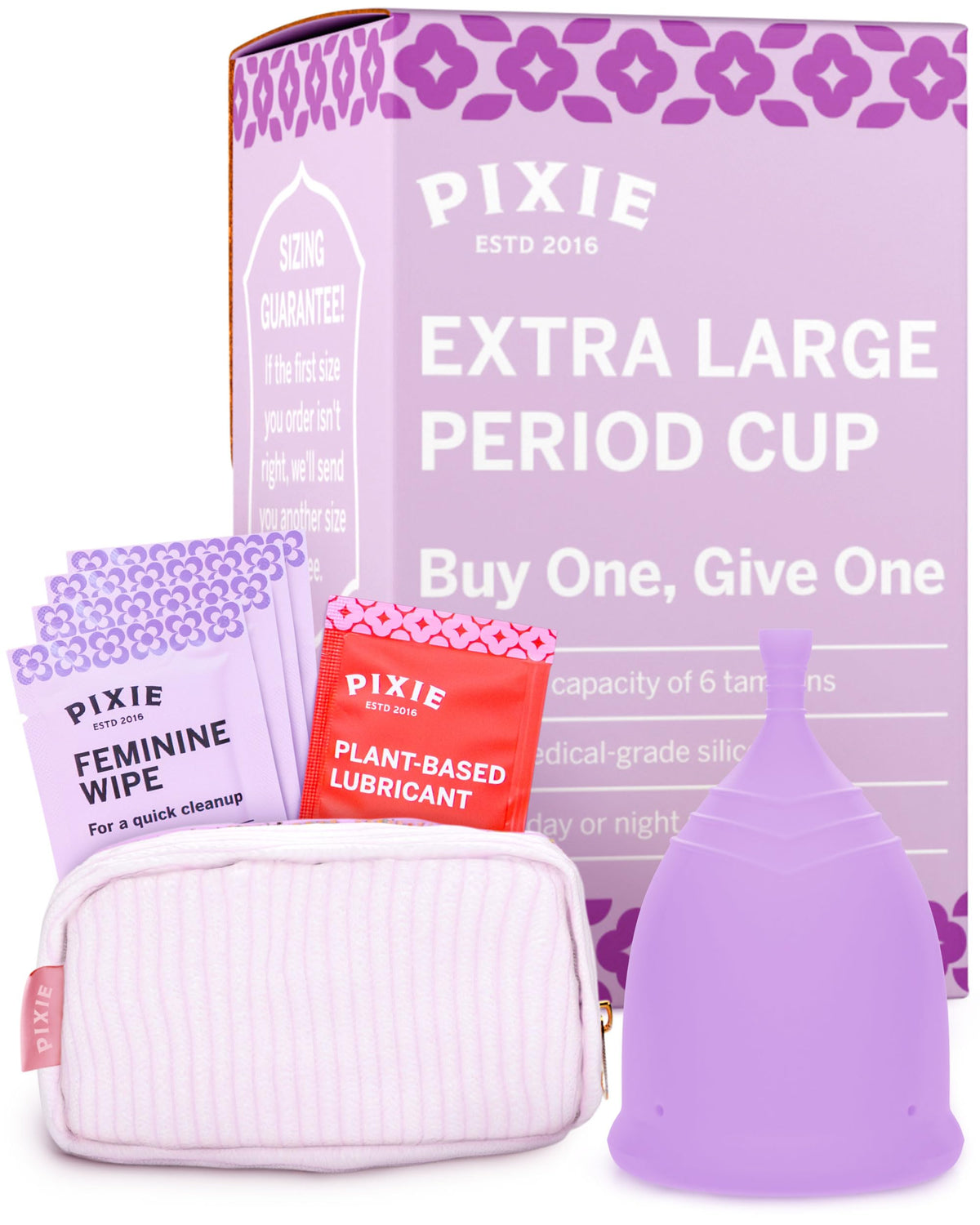 Pixie Cup extra-large packaging shows eco-friendly reusable menstrual cup.