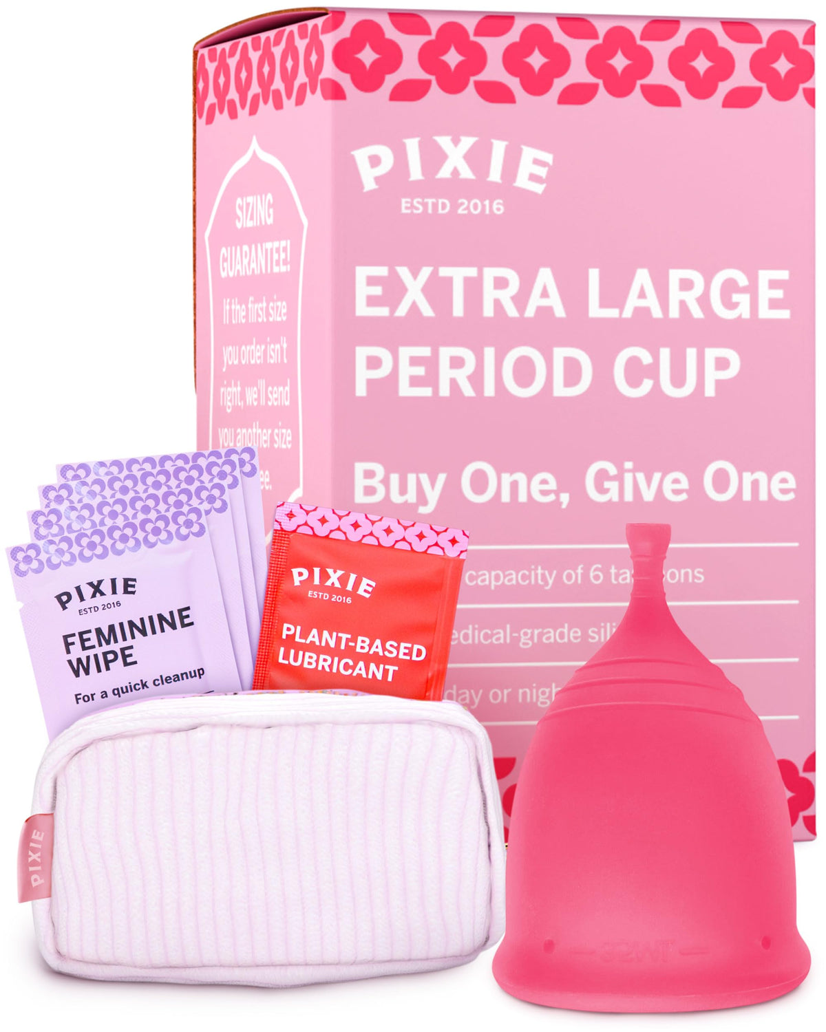 Pixie Cup extra-large silicone cup held in hand for all-day wear comfort.