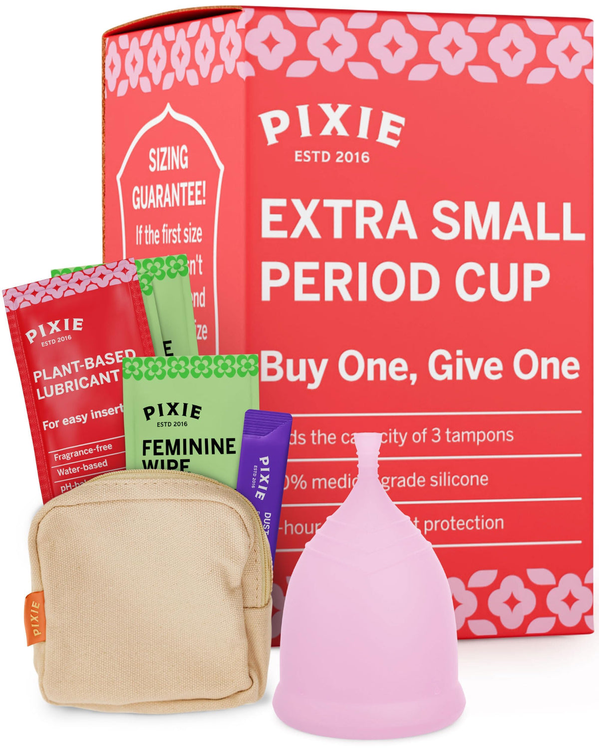 Pixie Cup extra-small blush packaging showcases eco-friendly reusable period care