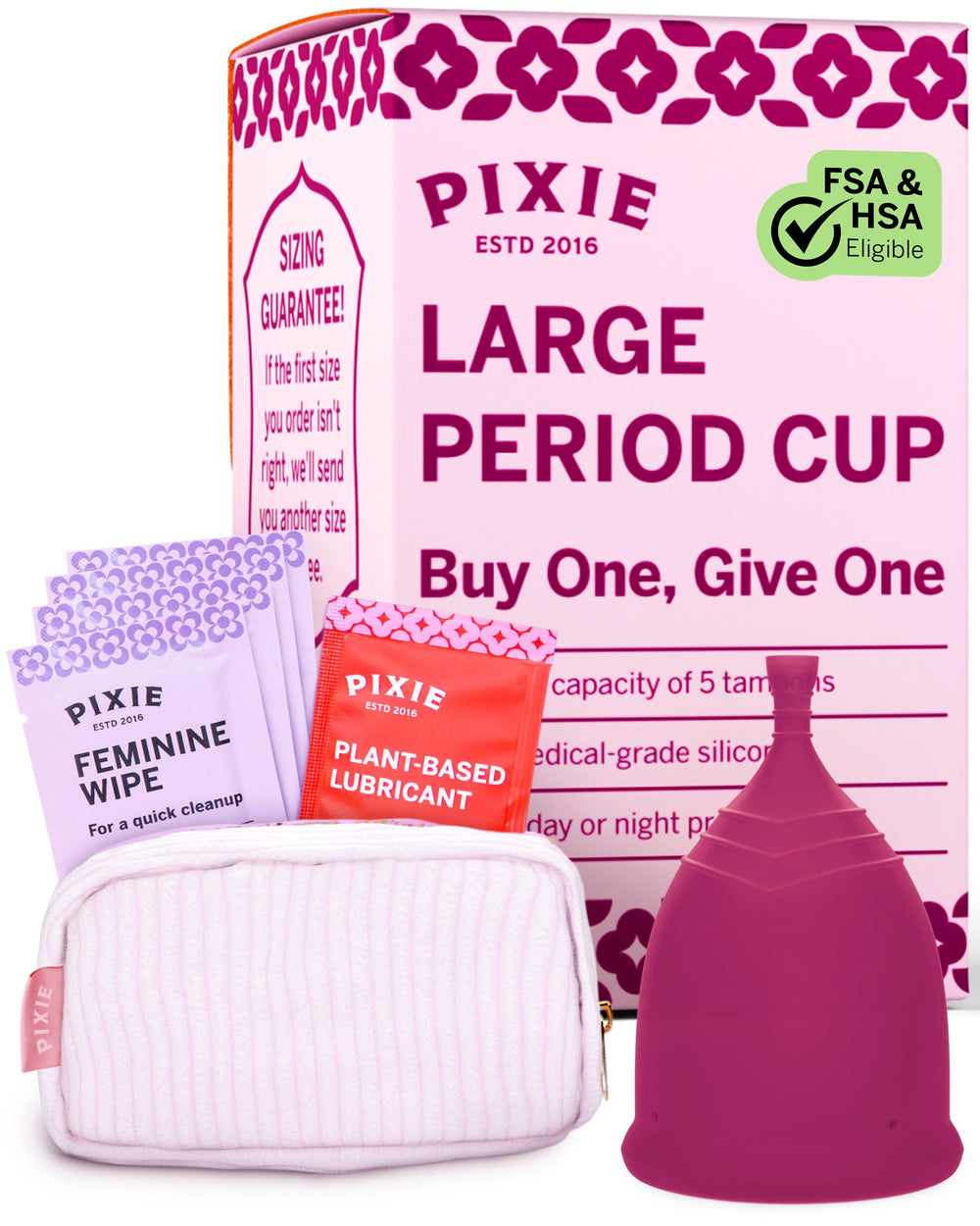 Pixie Cup Plum Large packaging highlights eco-friendly menstrual care and reuse.