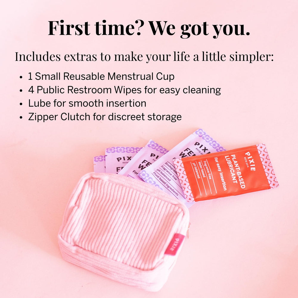 Pixie Cup Plum Small packaging emphasizes durable, long-lasting menstrual cup