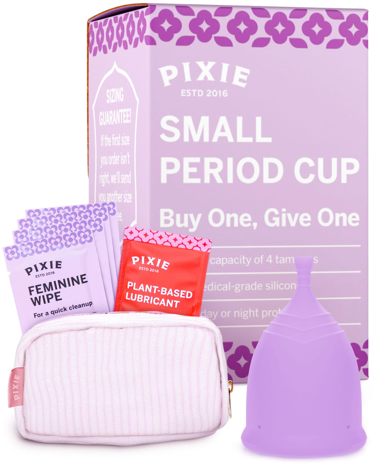 Pixie Cup purple small in hand demonstrates travel-friendly, discreet on-the-go use.