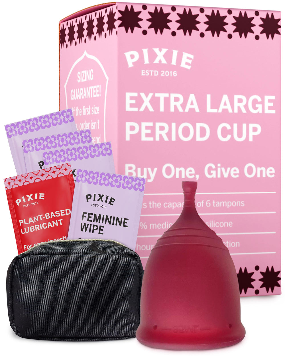 Pixie Cup XL packaging highlights eco-friendly storage and easy setup.