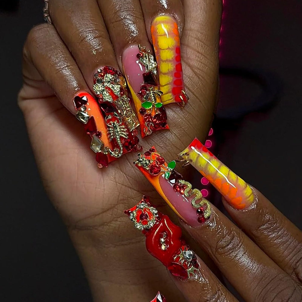 Pizadix gold nail charms with rhinestones sparkle under lights for standout nails