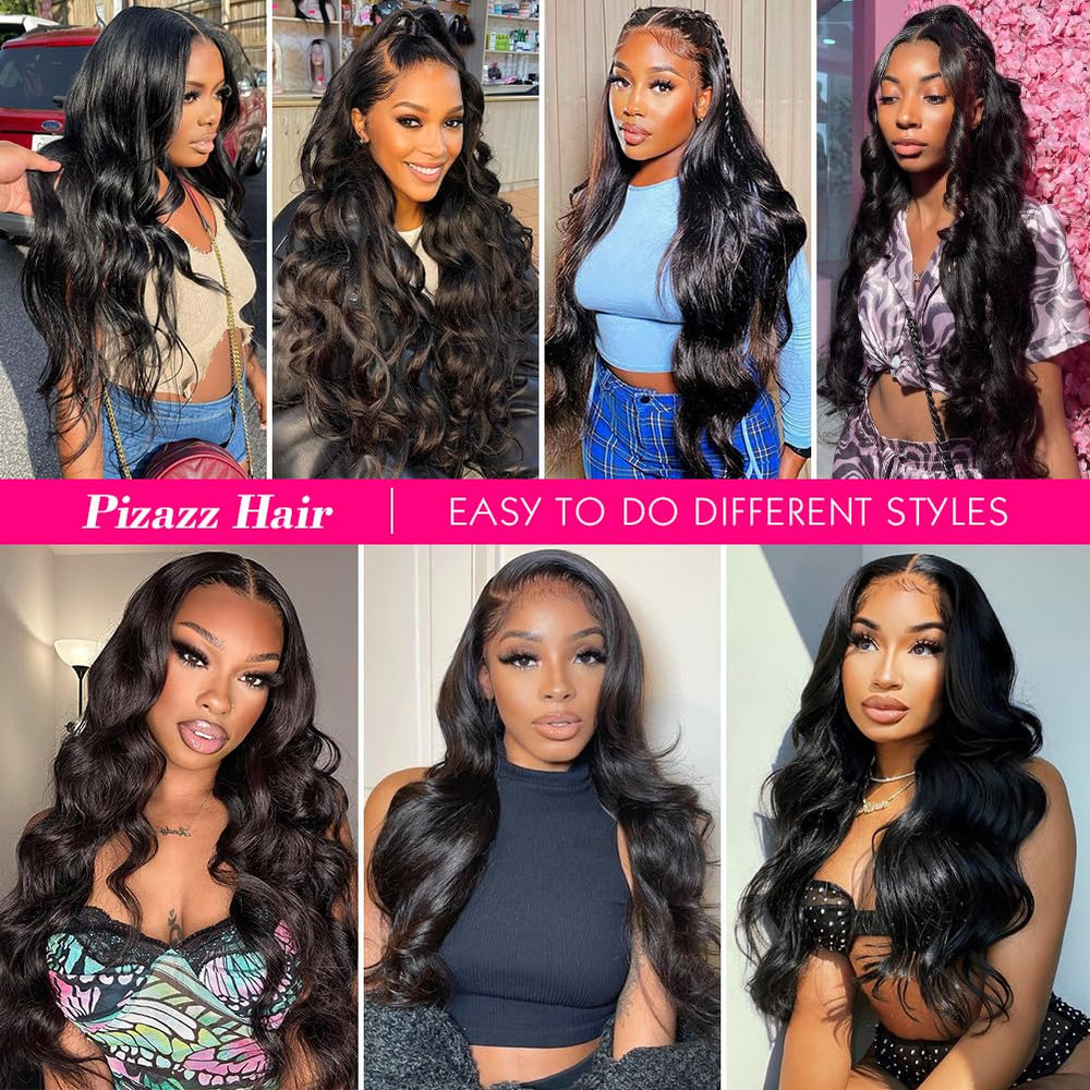 Pizazz 28-inch natural black body wave wig adds dramatic length and shine.