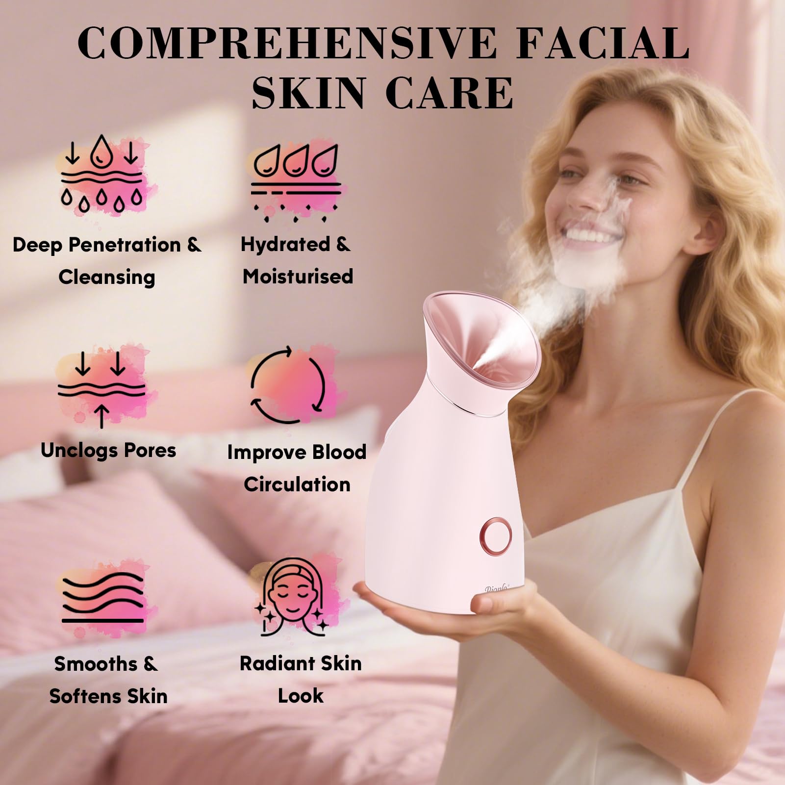 Pjordo face-steamer-absorption-boost improves serum penetration for enhanced results.