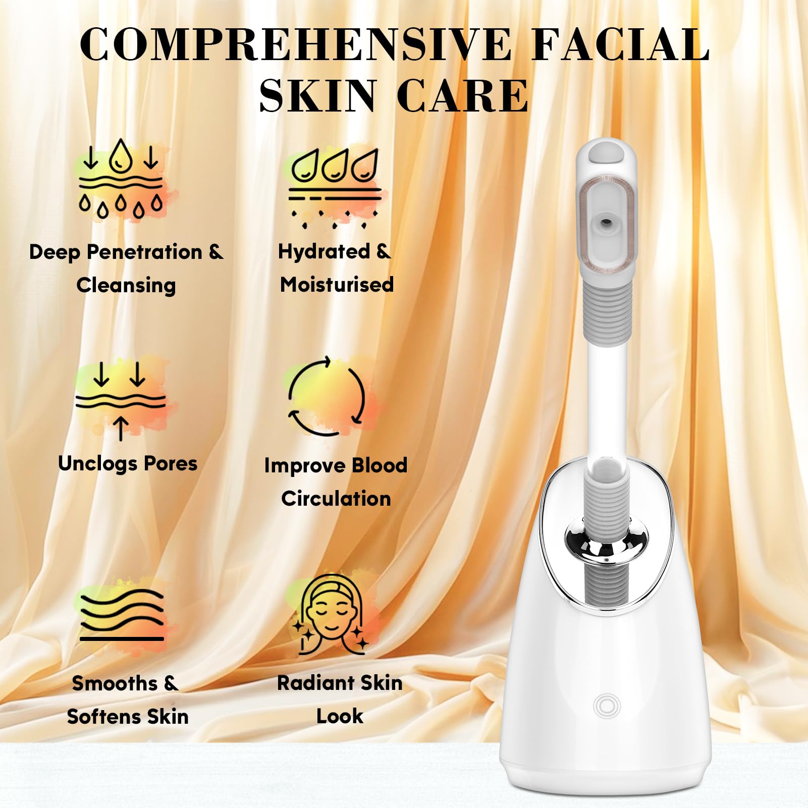 Pjordo nano ionic steamer close up showing deep penetration into skin.