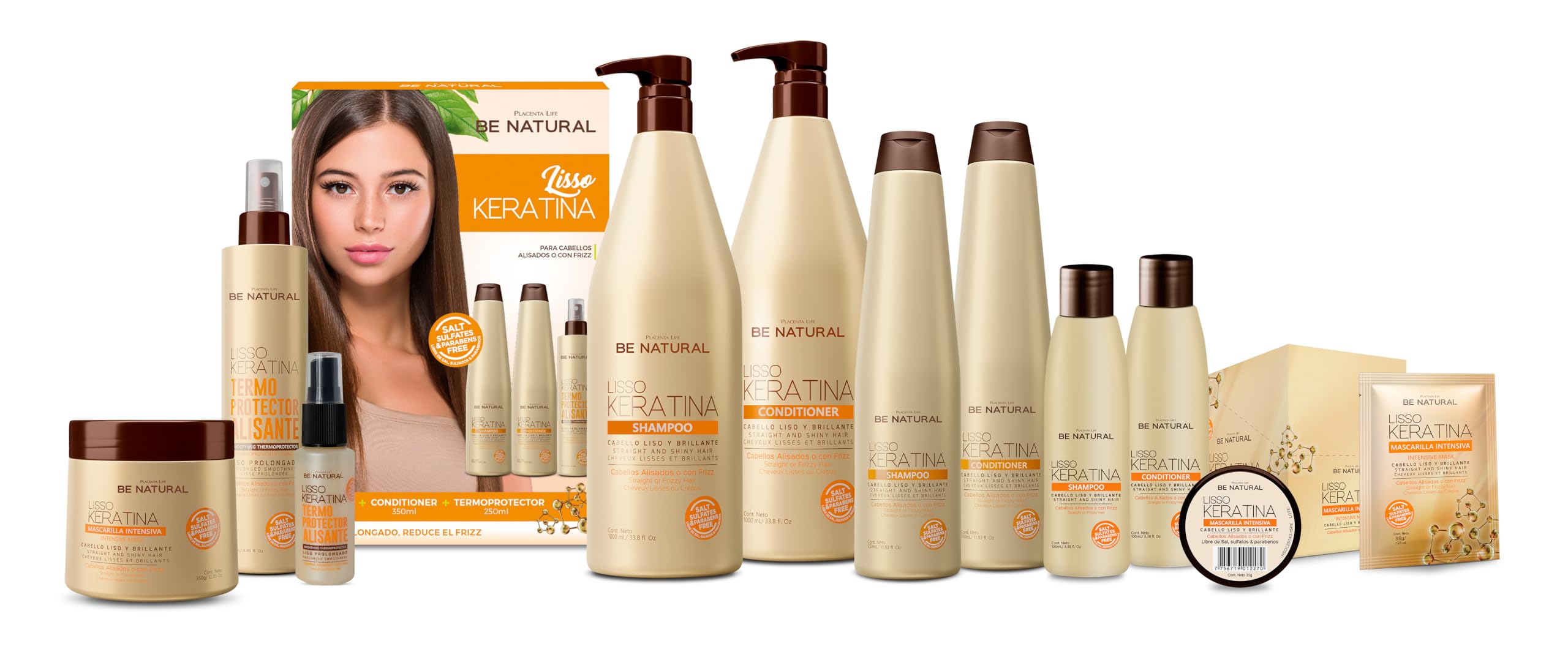 Before-and-after frizz control with PLACENTA LIFE Be Natural Liso Keratina mask.
