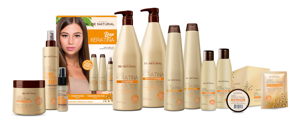 Before-and-after frizz control with PLACENTA LIFE Be Natural Liso Keratina mask.