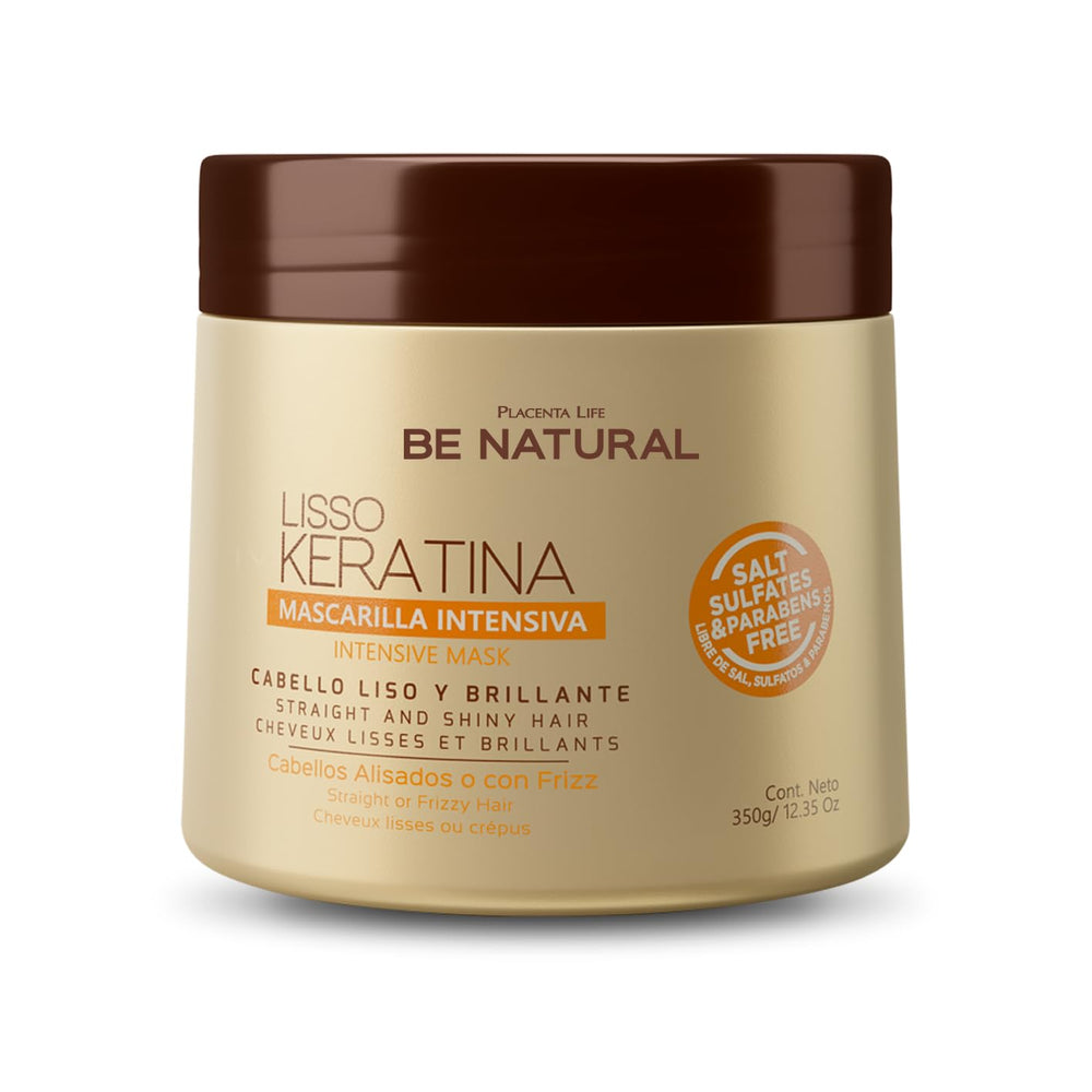 PLACENTA LIFE Be Natural Liso Keratina mask bottle for silky, frizz-free hair.