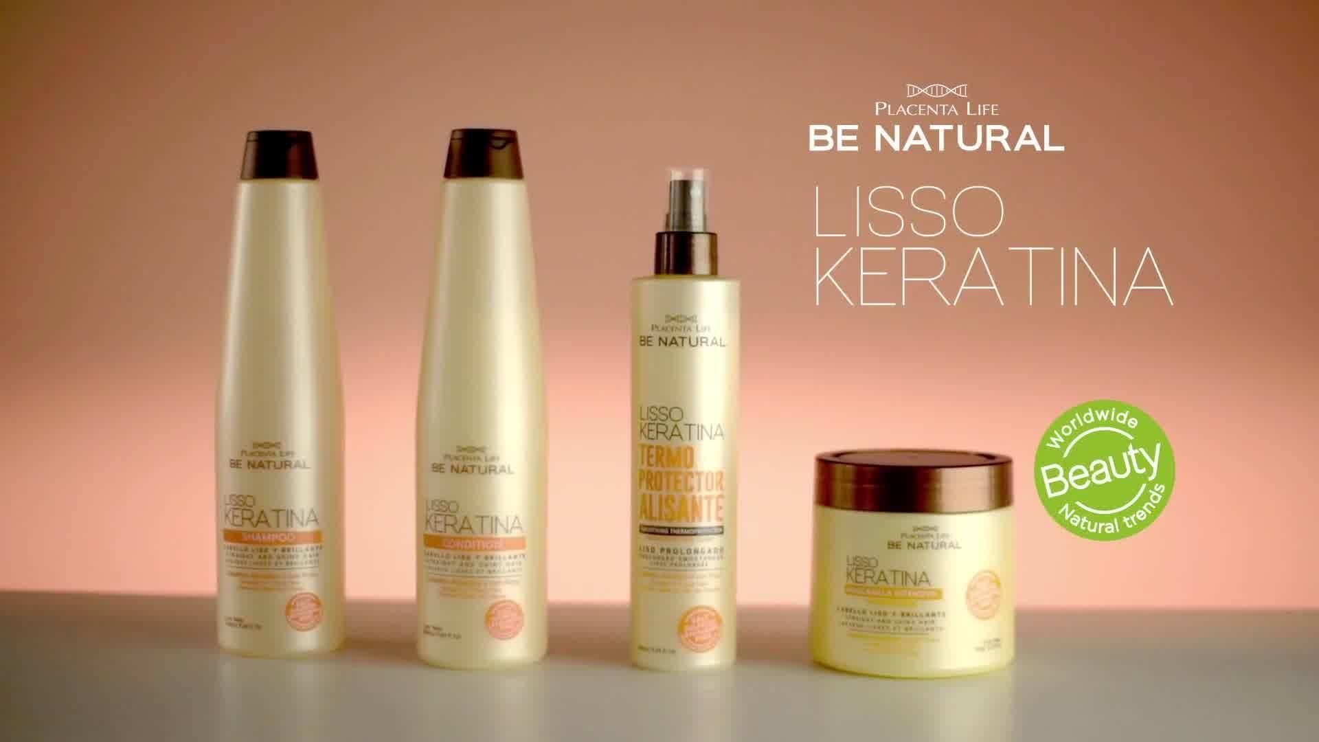 Hair after treatment shows straight, shiny finish with PLACENTA LIFE Liso Keratina.