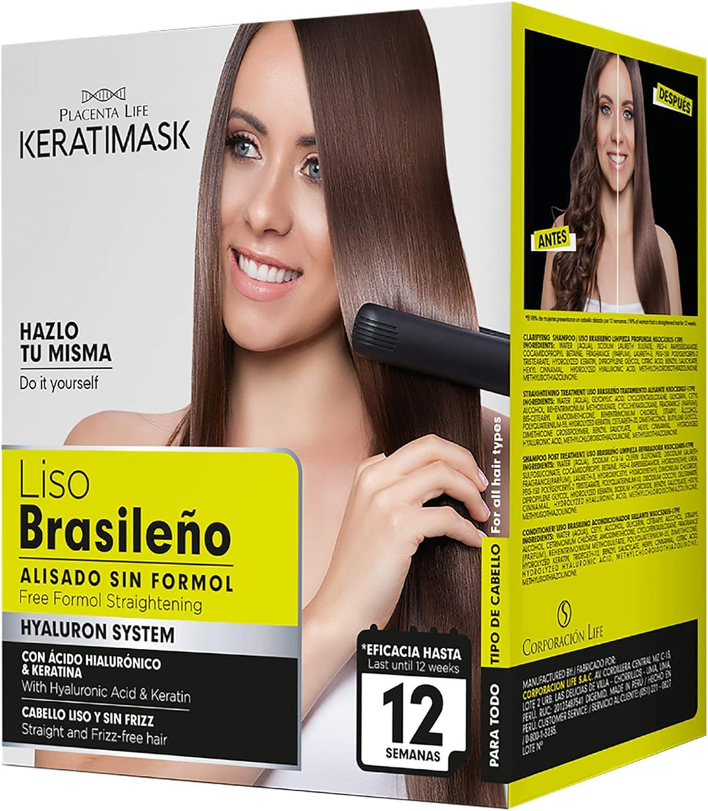 Placenta Life Keratimask Brazilian straightening kit packaging for home use.