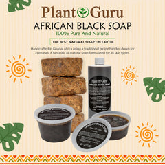 Plant Guru African Black Soap bottle closeup highlighting natural ingredients for versatile skin care