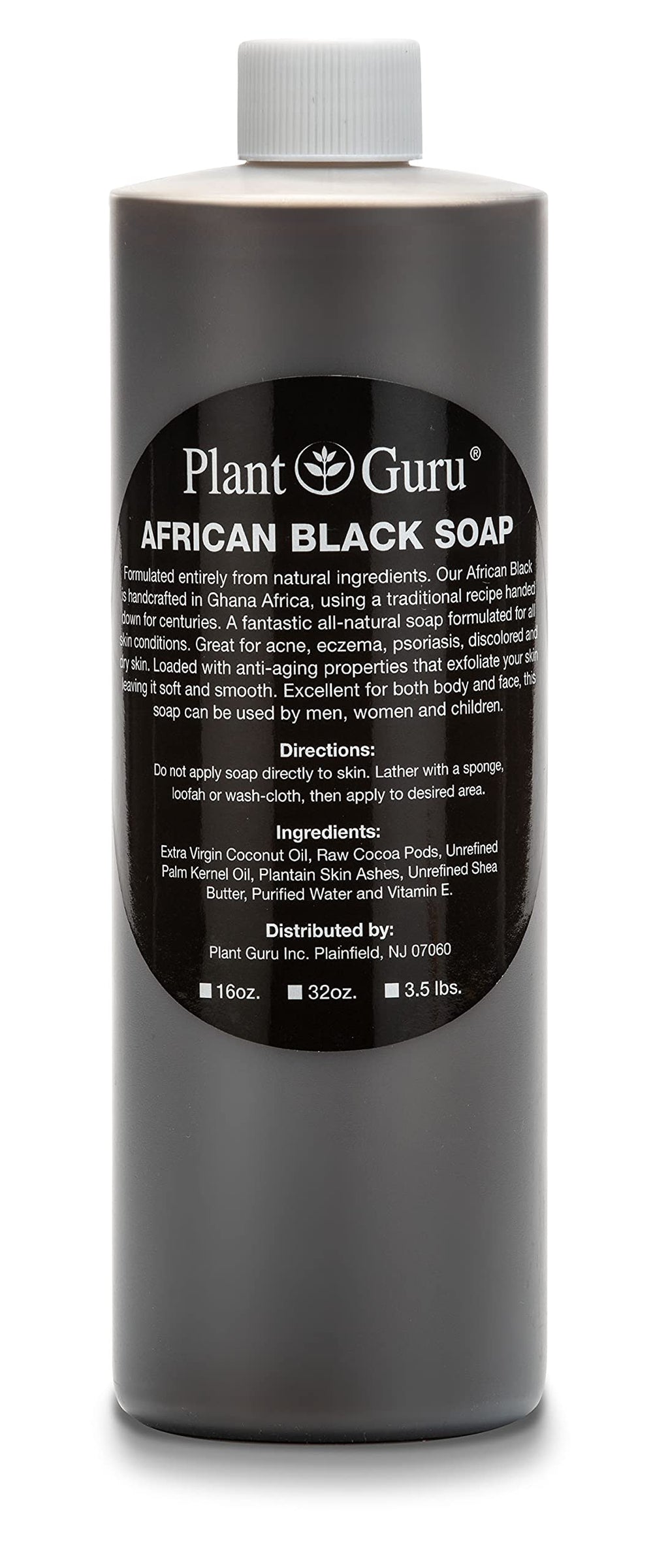 Plant Guru African Black Soap bottle pour for daily skin care and gentle exfoliation
