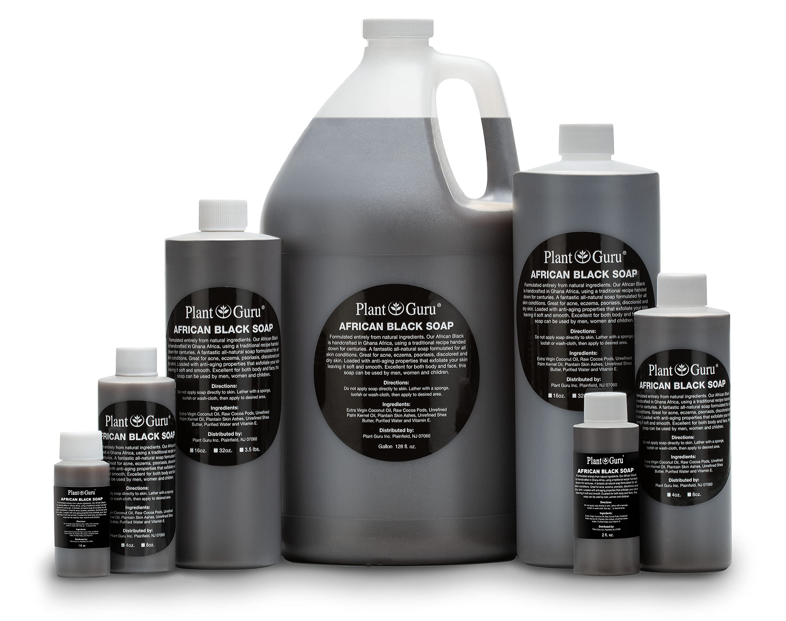 Plant Guru African Black Soap label shot emphasizes Ghanaian craftsmanship and all skin type suitability