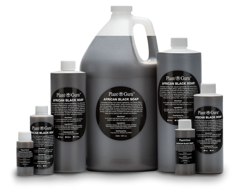 Plant Guru African Black Soap Liquid bottle on vanity shows natural Ghana origin and purity.