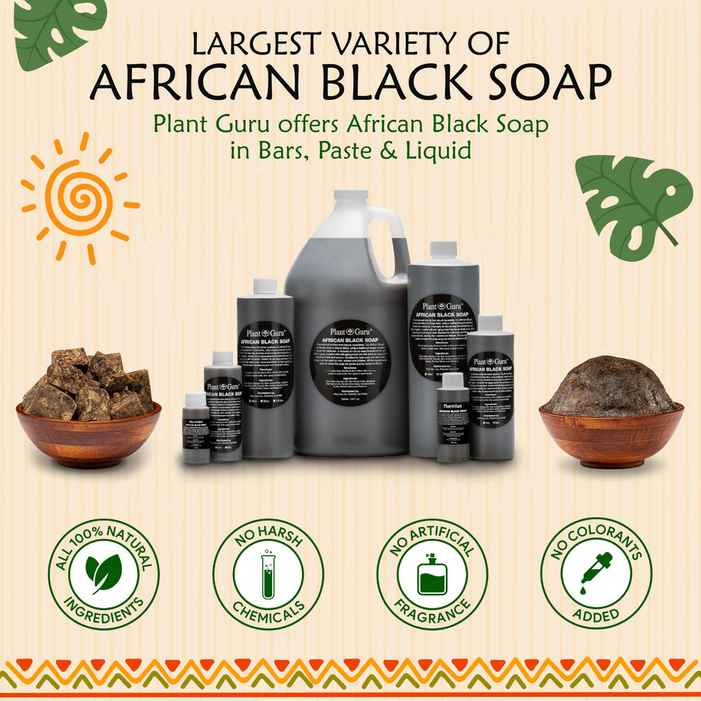 Plant Guru African Black Soap Liquid Ghana origin label reinforces traditional craftsmanship.